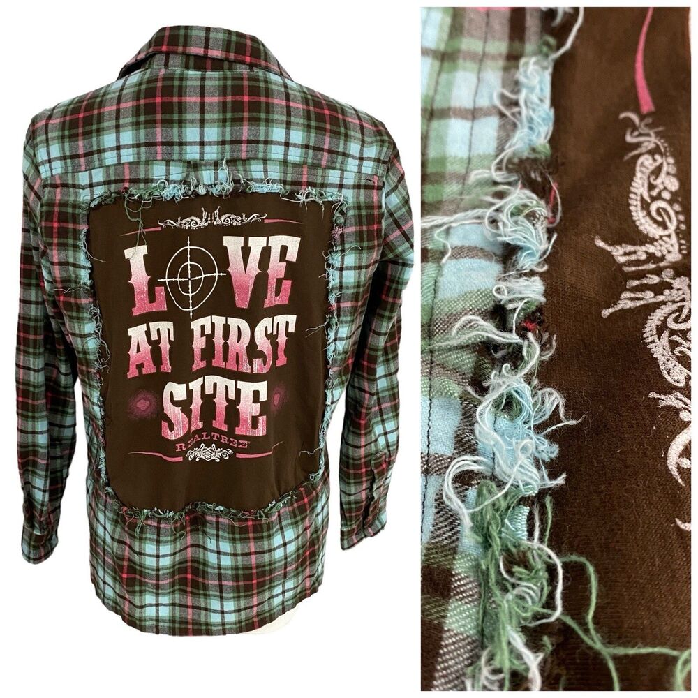 Upcycled Flannel Shirt Womens Large Shacket Hunting Green Country Grunge Camp - Picture 6 of 16
